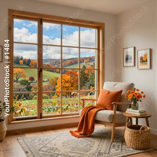 Living Room with Wood Window Offering Countryside View