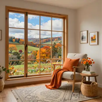 Living Room with Wood Window Offering Countryside View