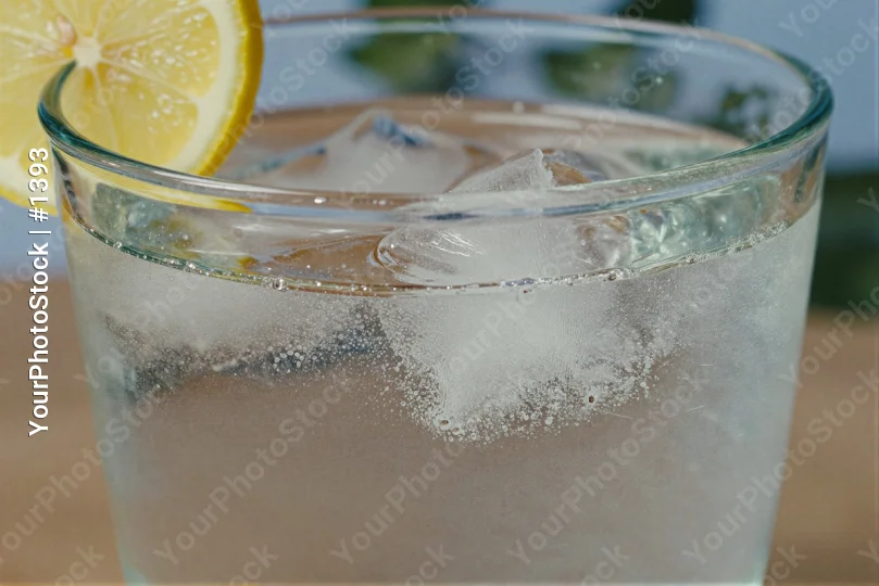 Close-up of Glass Water with Ice Cubes and Lemon Slice
