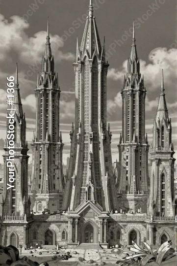 Bleak Black and White Illustration of a Large Cathedral with Multiple