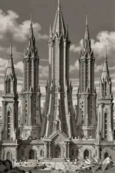 Bleak Black and White Illustration of a Large Cathedral with Multiple