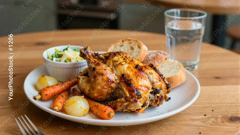 Roasted Chicken Dinner on Wooden Table herbs spices