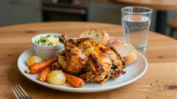 Roasted Chicken Dinner on Wooden Table herbs spices