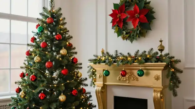 Christmas Decorated Living Room tree window wreaths
