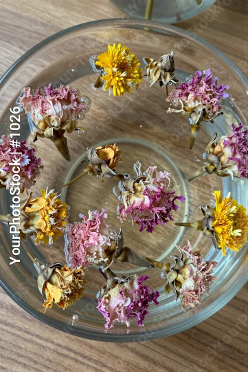Dried Flowers in Pink, Yellow, Purple Bowl arrangement