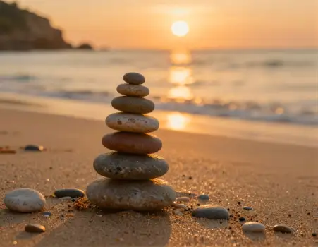 Sunset Beach Pebble Stack pyramid colorful stones