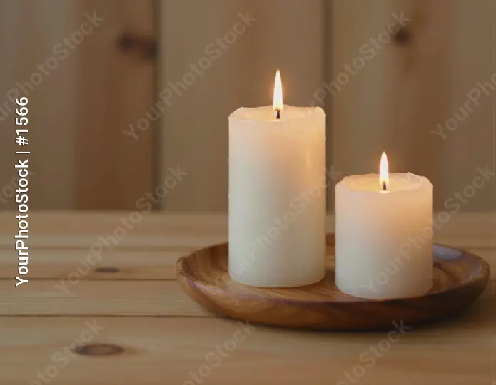 Lit White Candles on Wooden Tray table peaceful