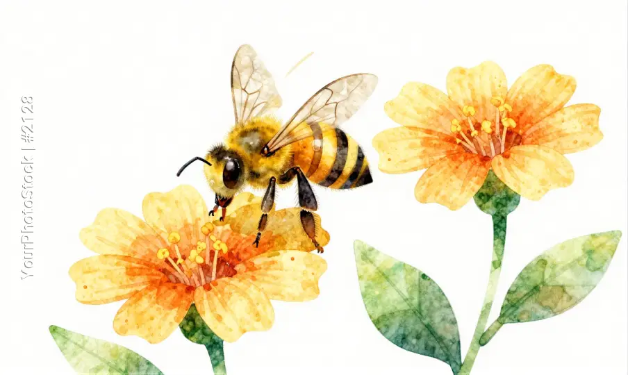 Bee on Yellow Flower Watercolor Illustration minimalistic