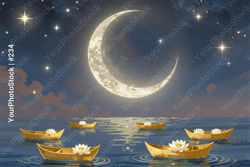 Crescent Moon and Starry Night with Boats digital illustration