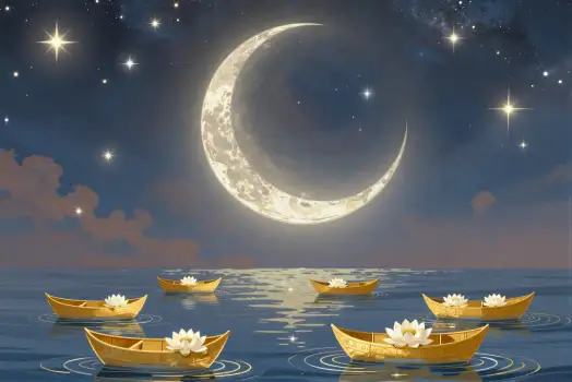 Crescent Moon and Starry Night with Boats digital illustration
