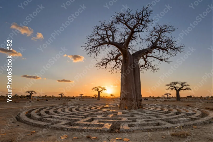 Baobab Tree in Desert Maze at Sunset stone grass