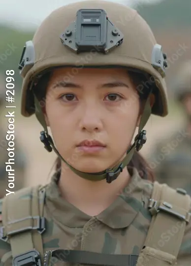 Military Woman Wearing Helmet with Camera - Serious Expression