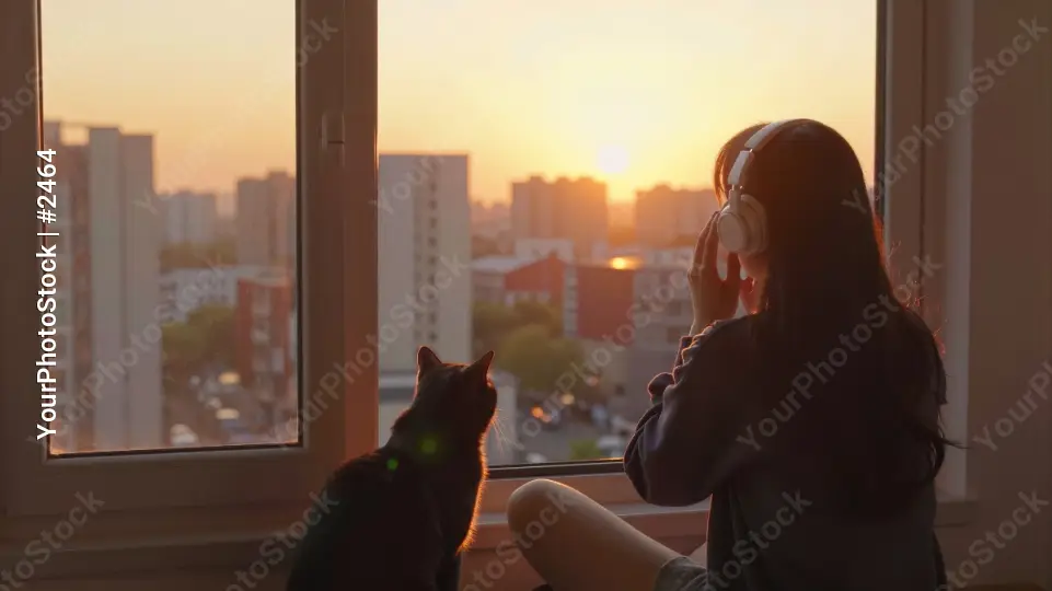 Young Woman on Window Sill Watching City Skyline