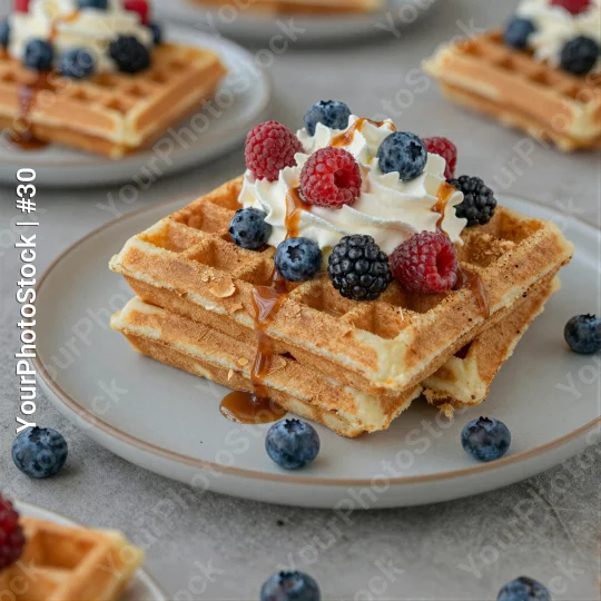 Stack of Golden Brown Waffles with Whipped Cream and Caramel Sauce