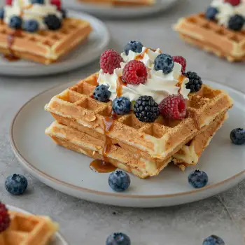 Stack of Golden Brown Waffles with Whipped Cream and Caramel Sauce