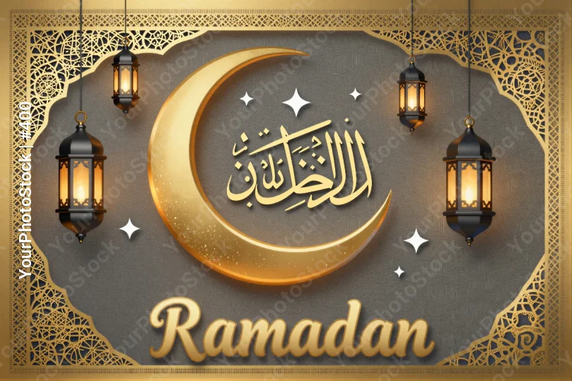 Ramadan Greeting Card, Gold Calligraphy, Decorative Lanterns